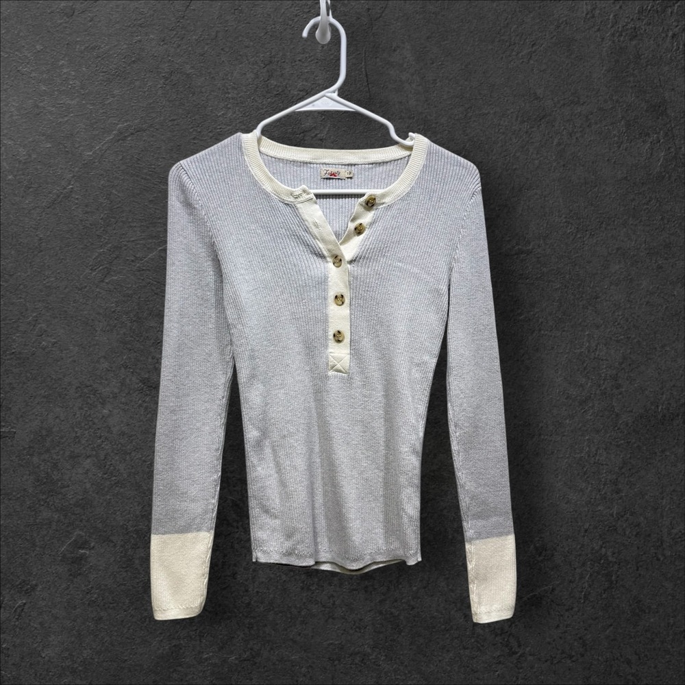 Faherty Mikki Henley Sweater Grey Organic Cotton Cashmere Ribbed Slim Fit Small - Picture 2 of 10